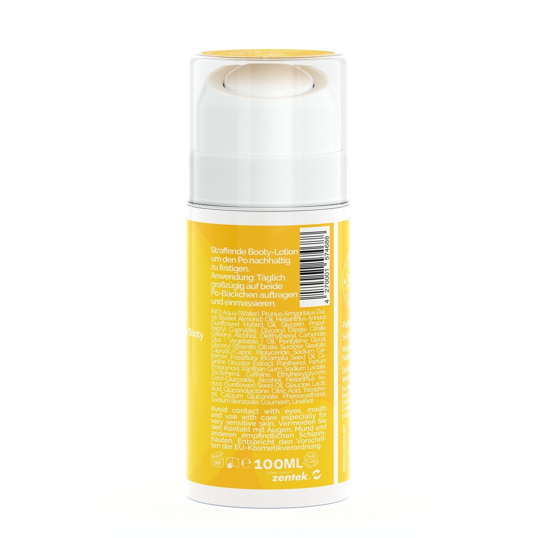 Gele fles met witte dop. Opschrift: Toning Booty-Lotion. Tekst in het Duits. Onderaan: 100ml. Logo: Zentek.