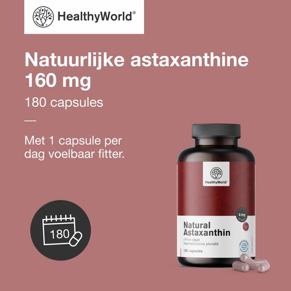 Fles met capsules. Opschrift: Natuurlijke astaxanthine 160 mg, 180 capsules. Merk: HealthyWorld.