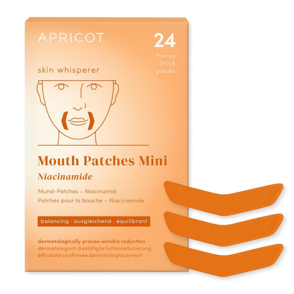 Oranje mondpatches en verpakking. Opschrift: APRICOT, Mouth Patches Mini, Niacinamide. 24 stuks.