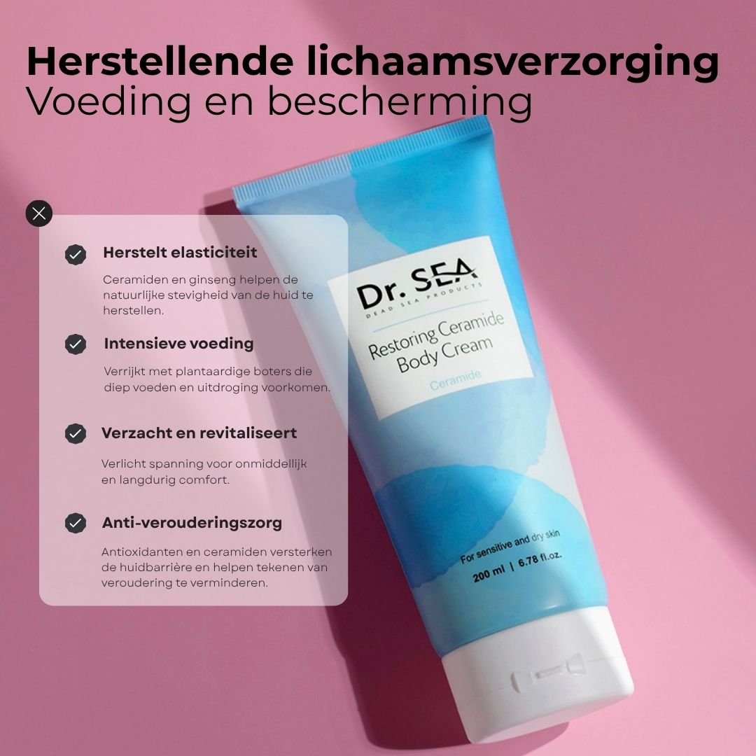 Crèmetube met tekst. Opschrift: Dr. SEA, Restoring Ceramide Body Cream. Tekst op roze achtergrond. Productvoordelen.