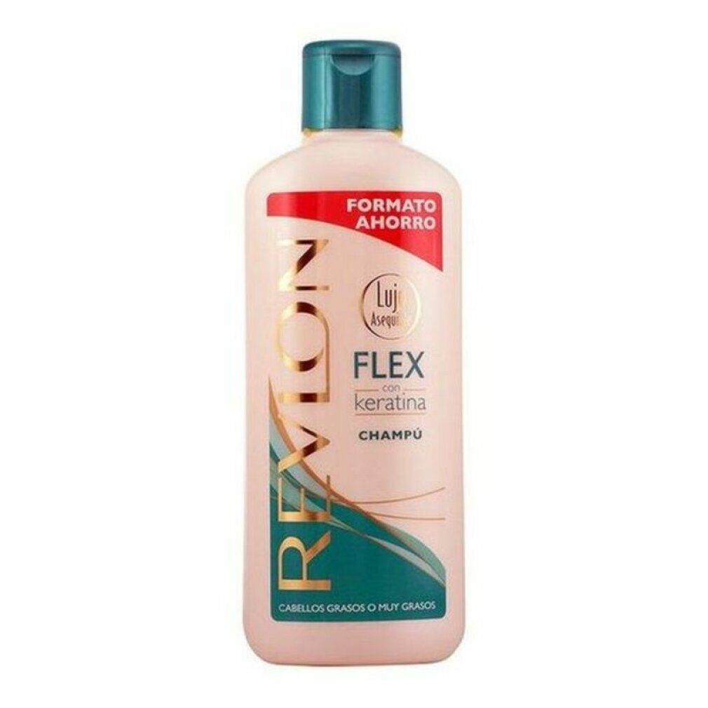 Shampoo Revlon Flex. Bouteille rose, bouchon vert. Inscription: Flex, Kératine, Champú. Pour cheveux gras.