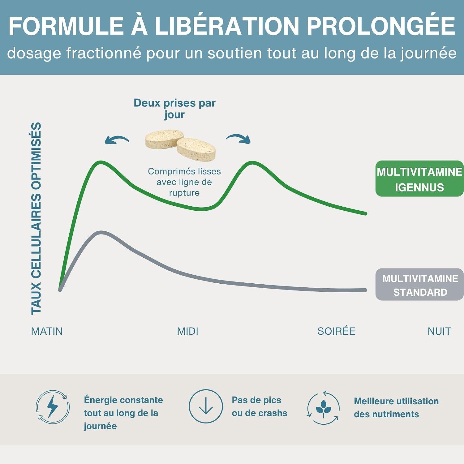 Formule à libération prolongée pour un soutien toute la journée avec Igennus Multivitamines.