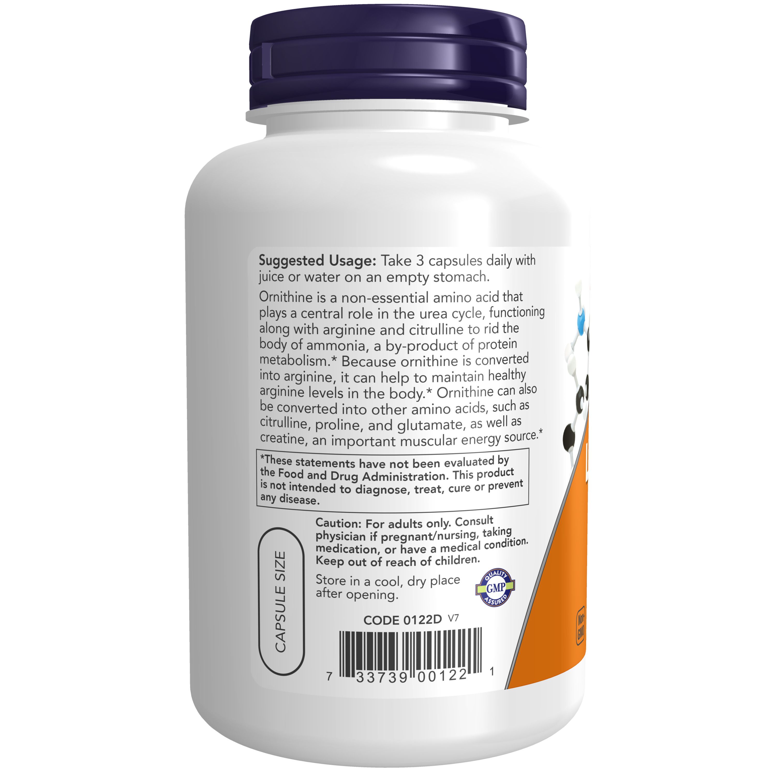 Fles met L-Ornithine capsules. Bevat 1.500 mg L-Ornithine per portie. Geproduceerd door NOW FOODS.