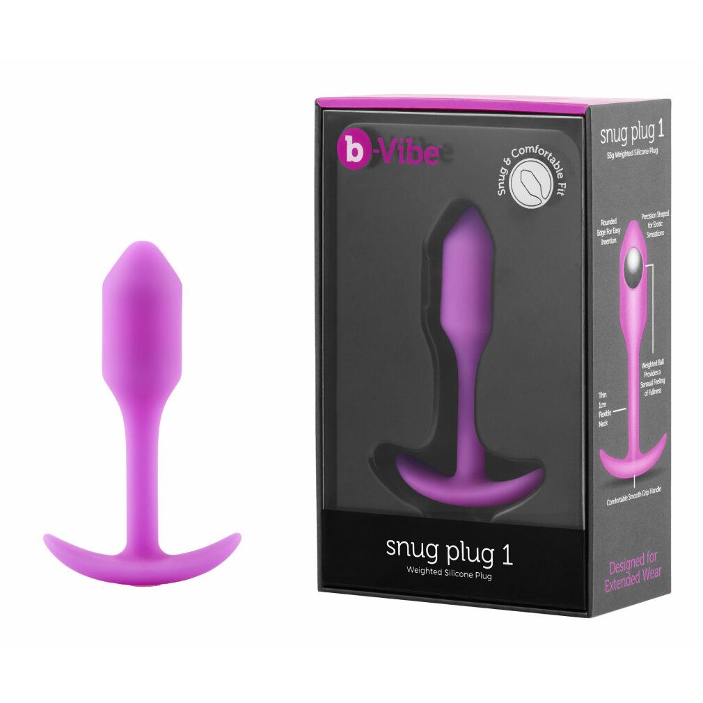 Plug anal violet avec une large base et un poids intégré. À côté, l'emballage.