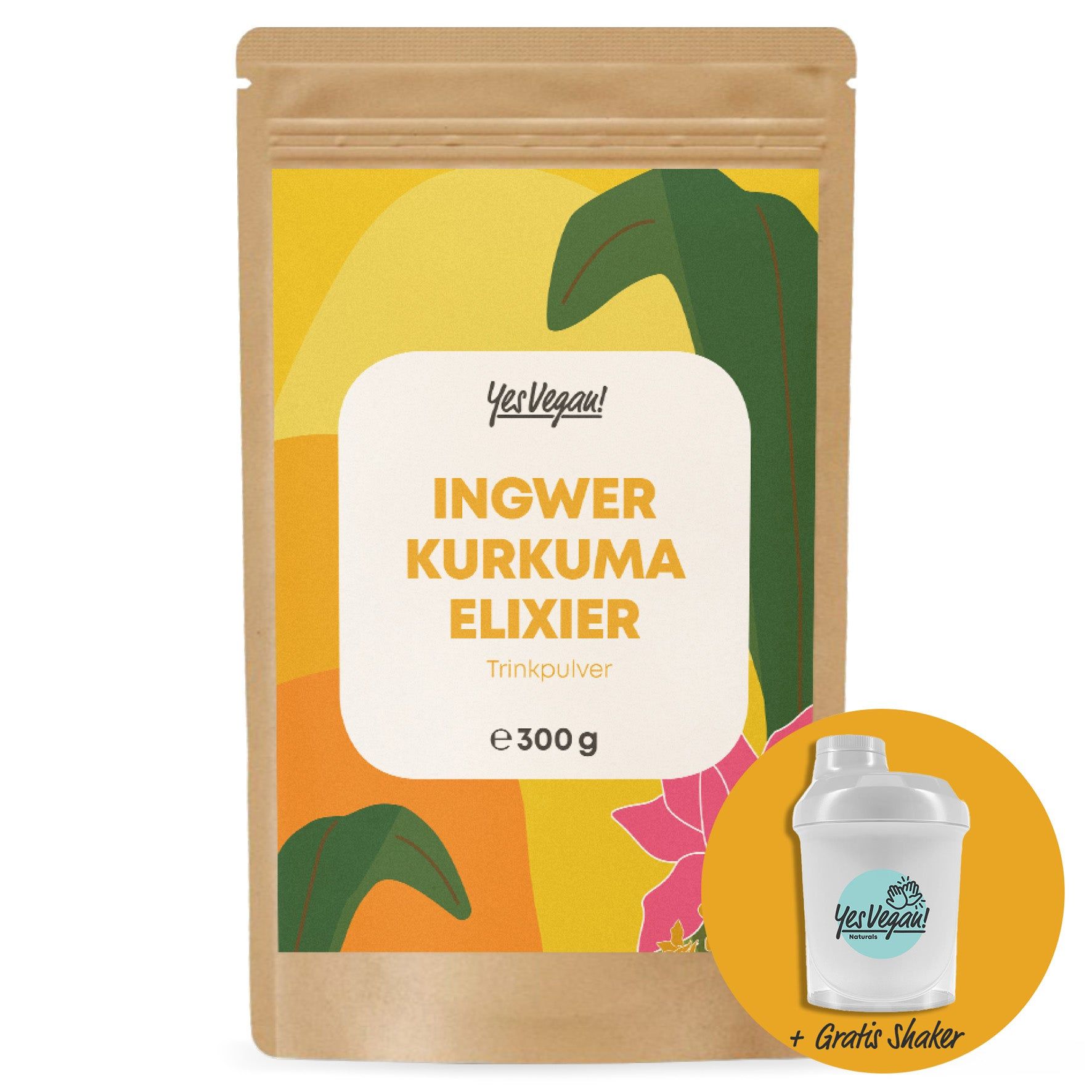 Pochette à fond plat avec poudre pour boisson Elixir Gingembre Curcuma, 300g. Inclut un shaker gratuit.