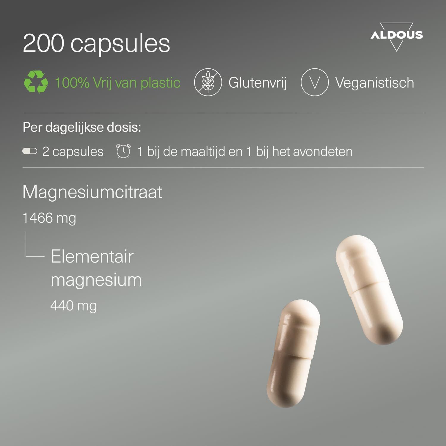 200 capsules magnesiumcitraat, 1466 mg per capsule. Glutenvrij, veganistisch.