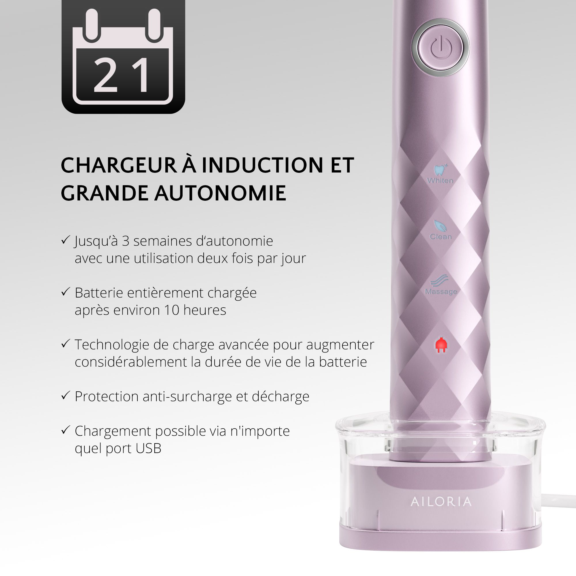 Brosse à dents électrique sur socle de charge. Charge inductive. Jusqu'à 3 semaines d'autonomie. Recharge via USB.