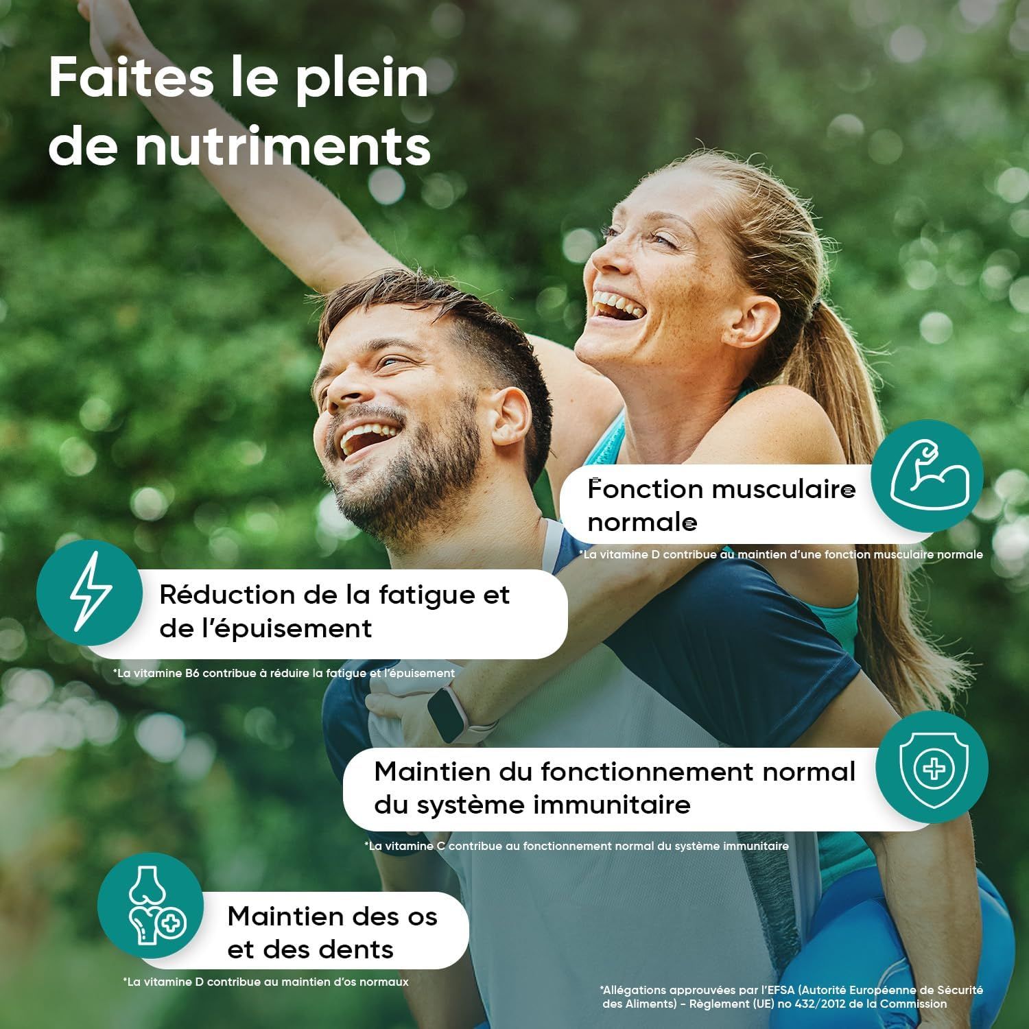 Couple s'amusant en extérieur, avec des icônes soulignant les bienfaits pour la santé.