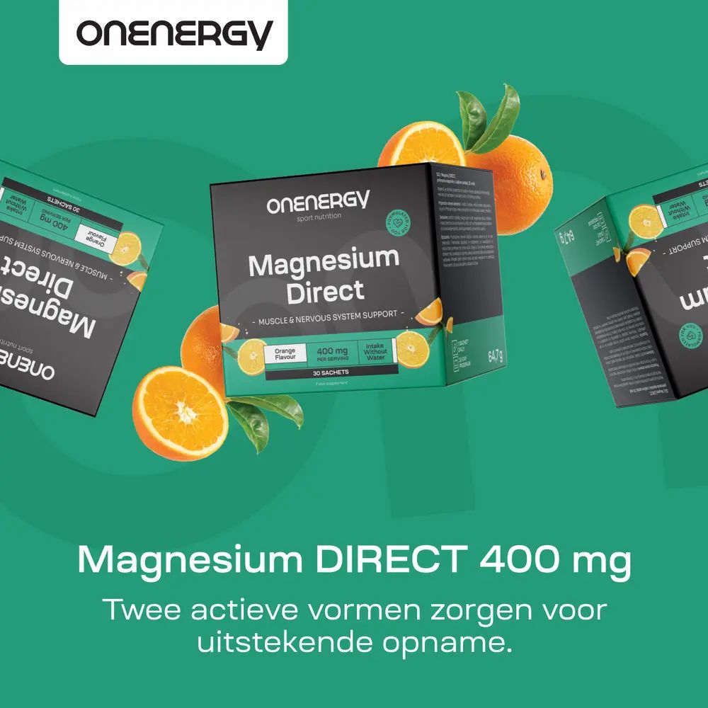 OnEnergy Magnesium Direct, 400 mg, 30 zakjes. Vrouw met sinaasappel. Sinaasappels en groene elementen.