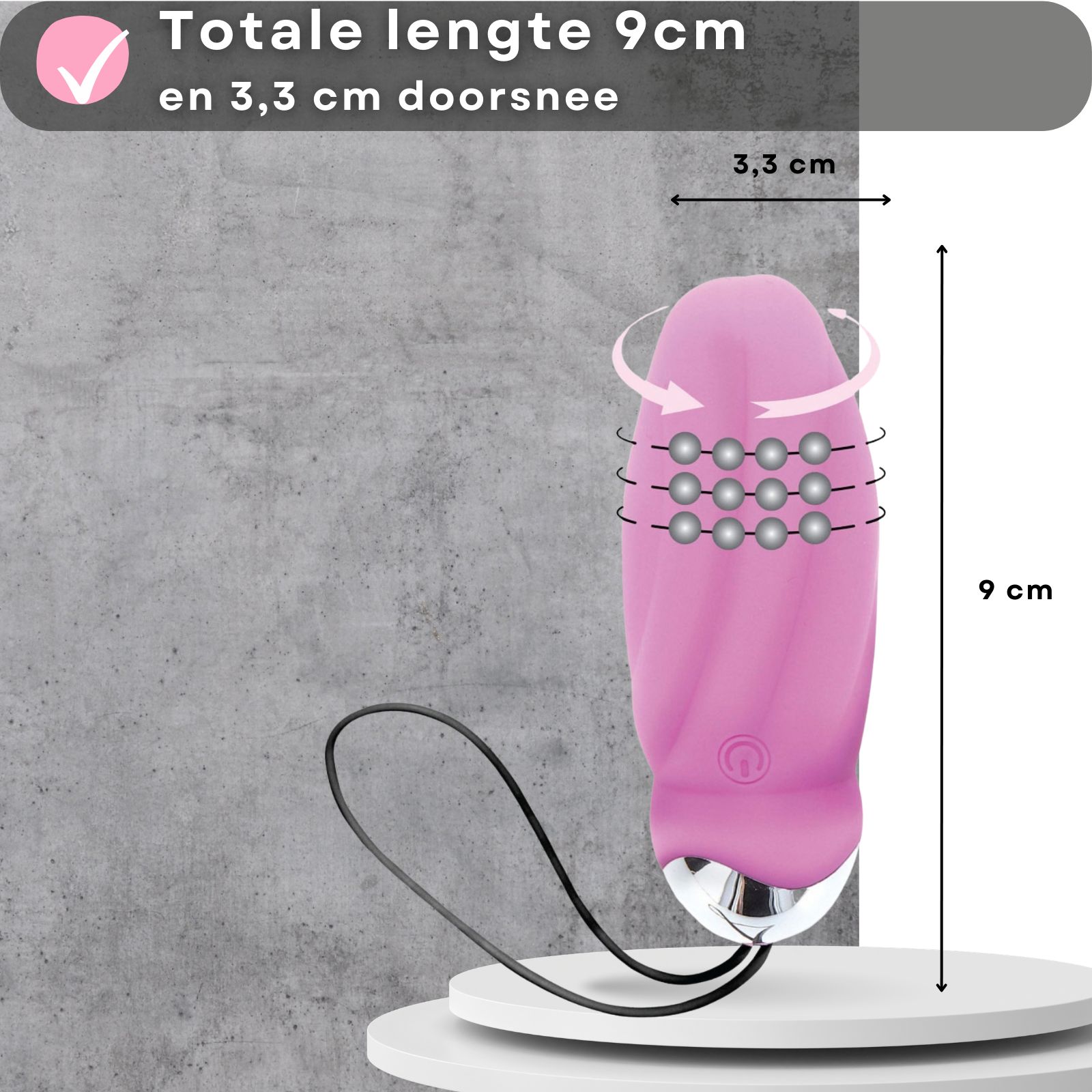 Roze vibrator met afstandsbediening. 9 cm lang, 3,3 cm diameter. 8 vibratiemodi. Oplaadbaar via USB.