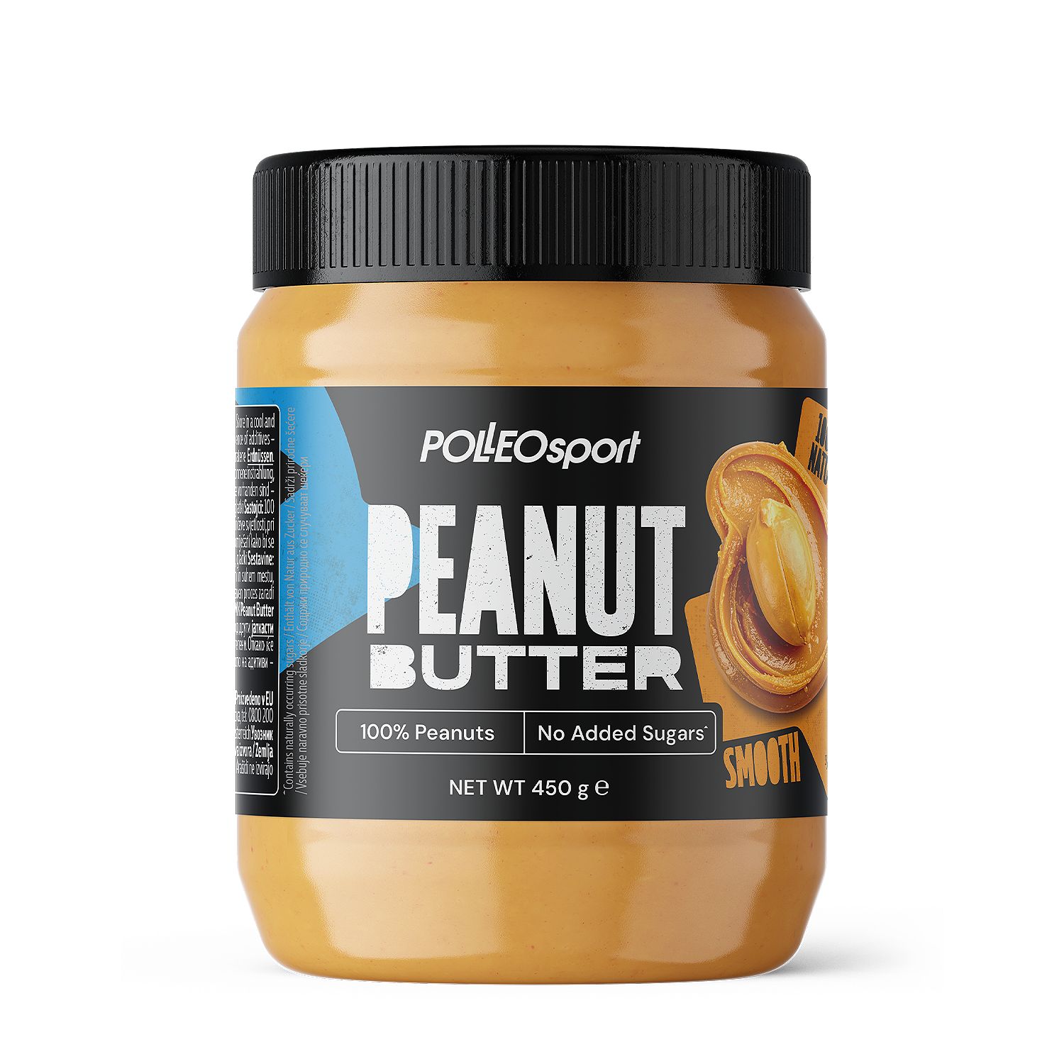 Pot pindakaas met zwarte deksel. Opschrift: Polleo Sport Peanut Butter, 100% Peanuts, No Added Sugars, Smooth.