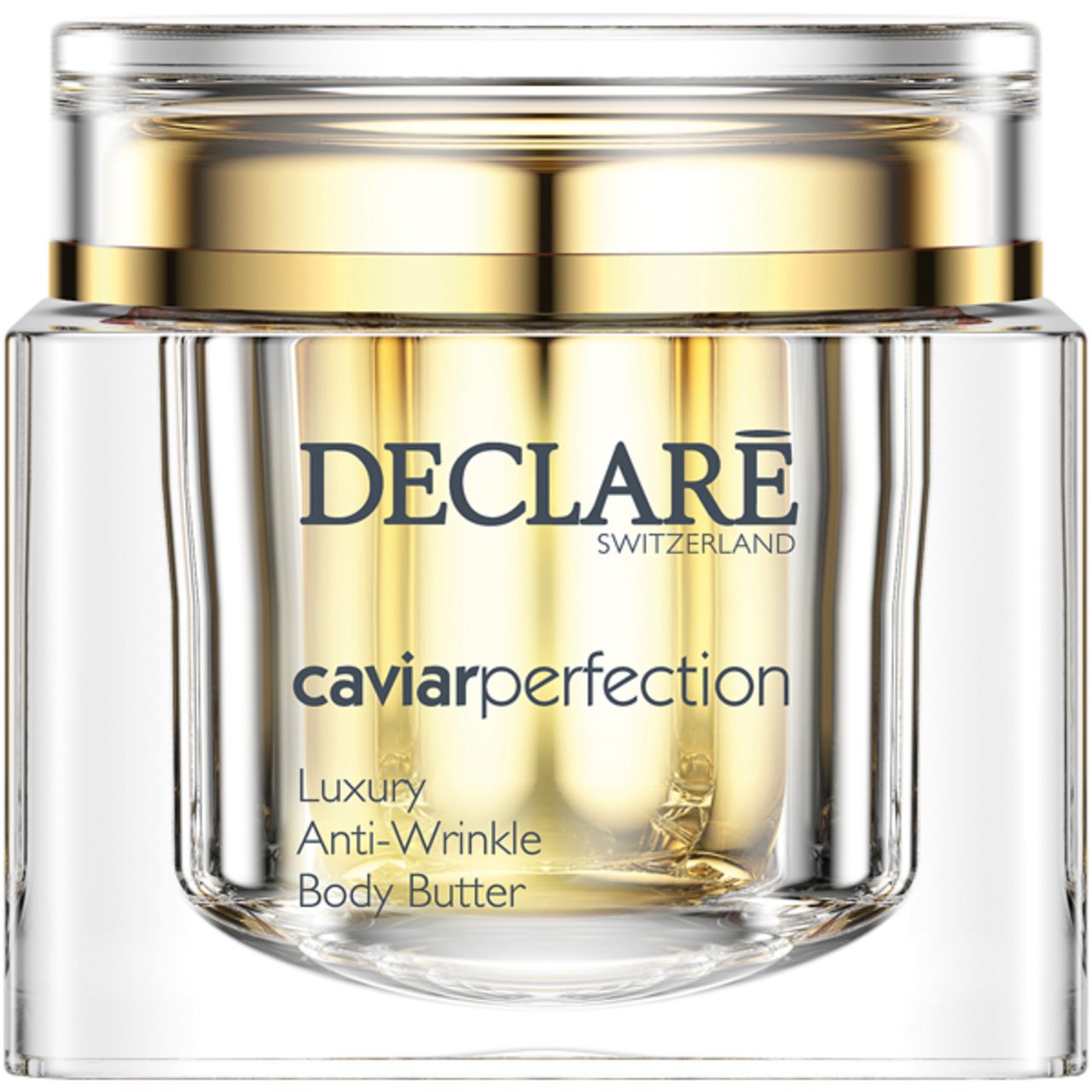 Glazen pot met gouden deksel. Opschrift: DECLARE SWITZERLAND, caviarperfection, Luxury Anti-Wrinkle Body Butter.