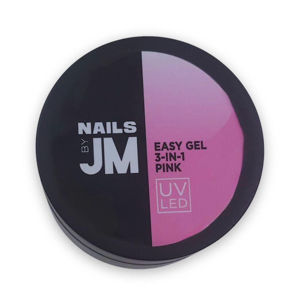 Contenant rond noir avec gel rose. Inscription : Nails by JM, Easy Gel 3-en-1 Pink, UV LED.