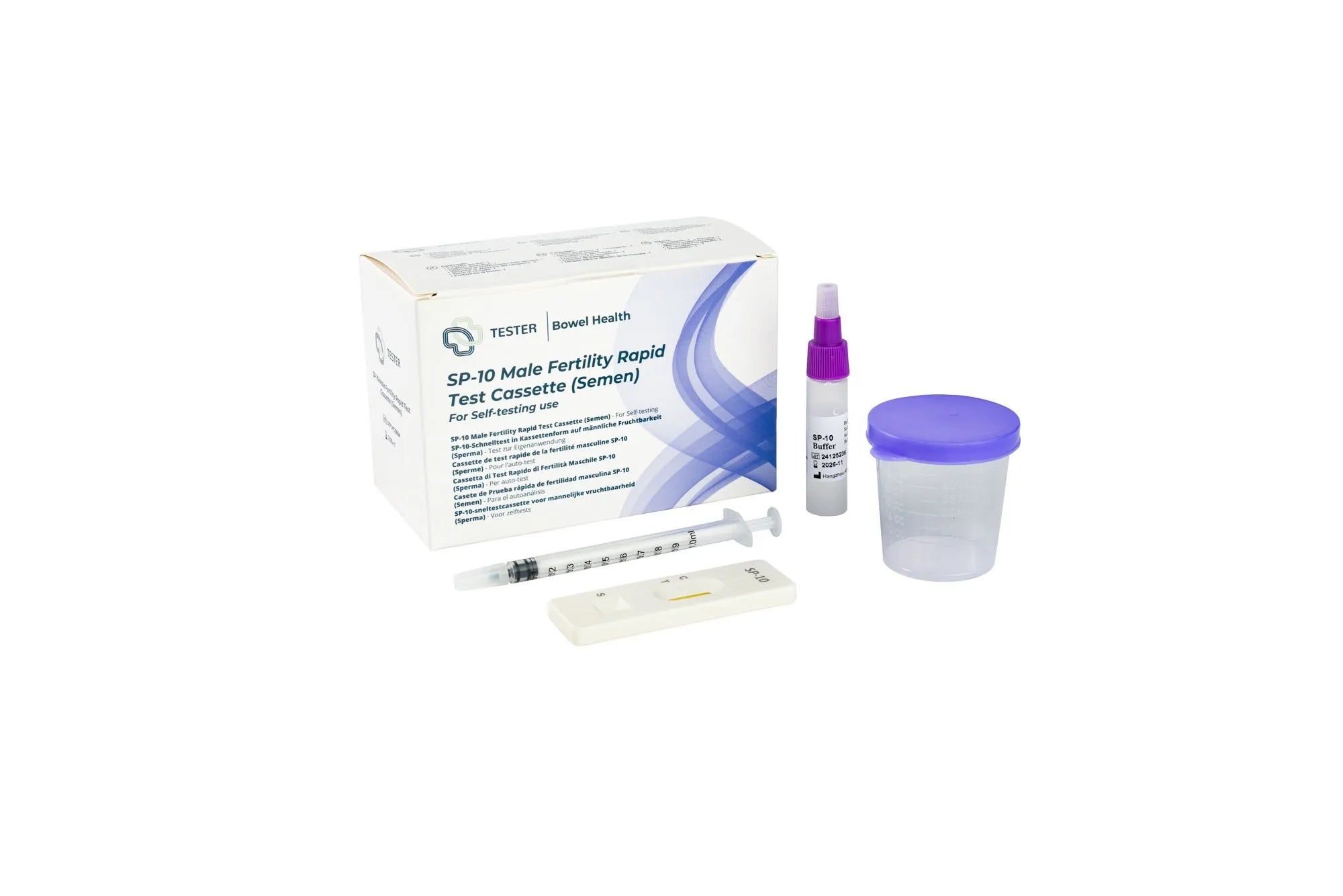 Kit de test de fertilité masculine avec cassette, pipette, seringue et récipient.
