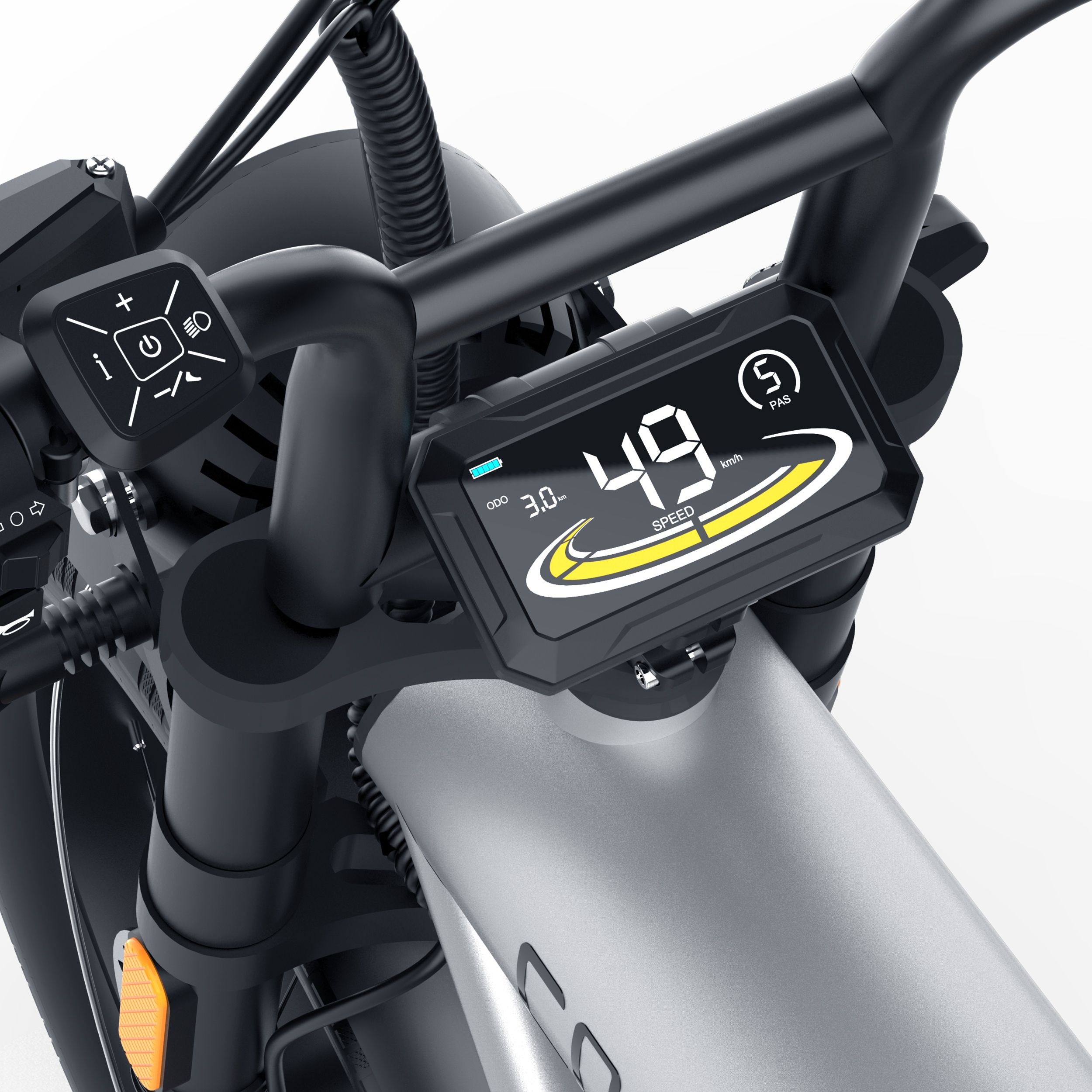 Close-up van het stuur van een COSWHEEL CT20 e-bike. Digitaal display met snelheidsmeter en bedieningselementen.