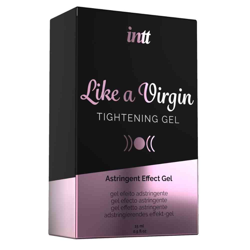 Emballage noir avec texte: INTT, Like a Virgin, Tightening Gel, Astringent Effet Gel. Accent rose. Texte multilingue.