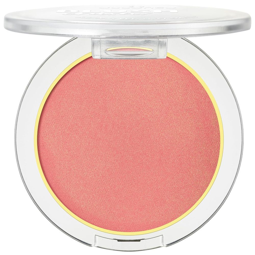 Roze blush in een open, transparante verpakking. Gele rand rond de blush. Deksel gedeeltelijk open.