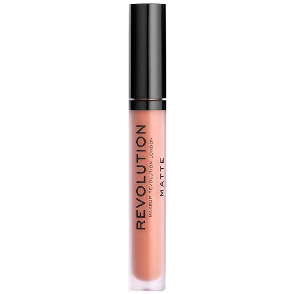 Tube de gloss avec bouchon noir. Inscription: REVOLUTION LONDON MATTE. Teinte corail.