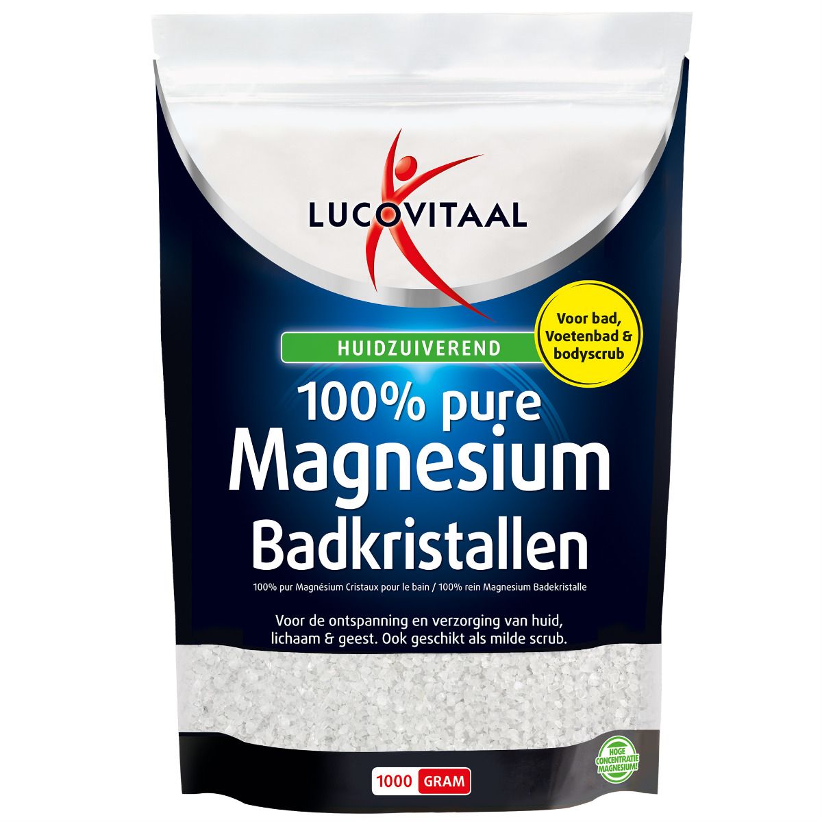 Zak badkristallen. Opschrift: 100% pure magnesium. Groen-geel etiket: Voor bad, voetbad & bodyscrub. Onderaan: 1000 gram.