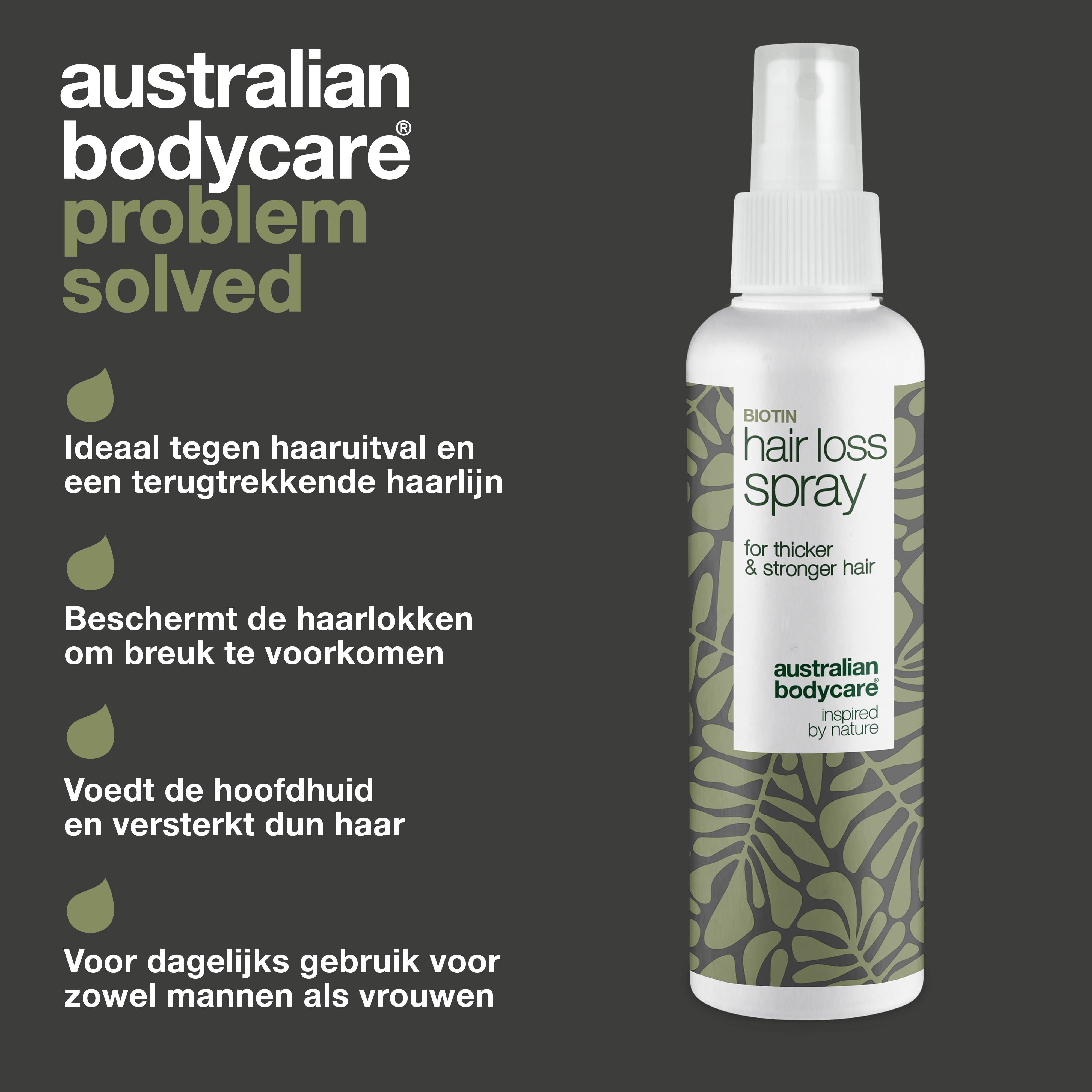 Probleem opgelost. Tegen haaruitval, dunner wordend haar. Biotin Hair Loss Spray. Australian Bodycare.
