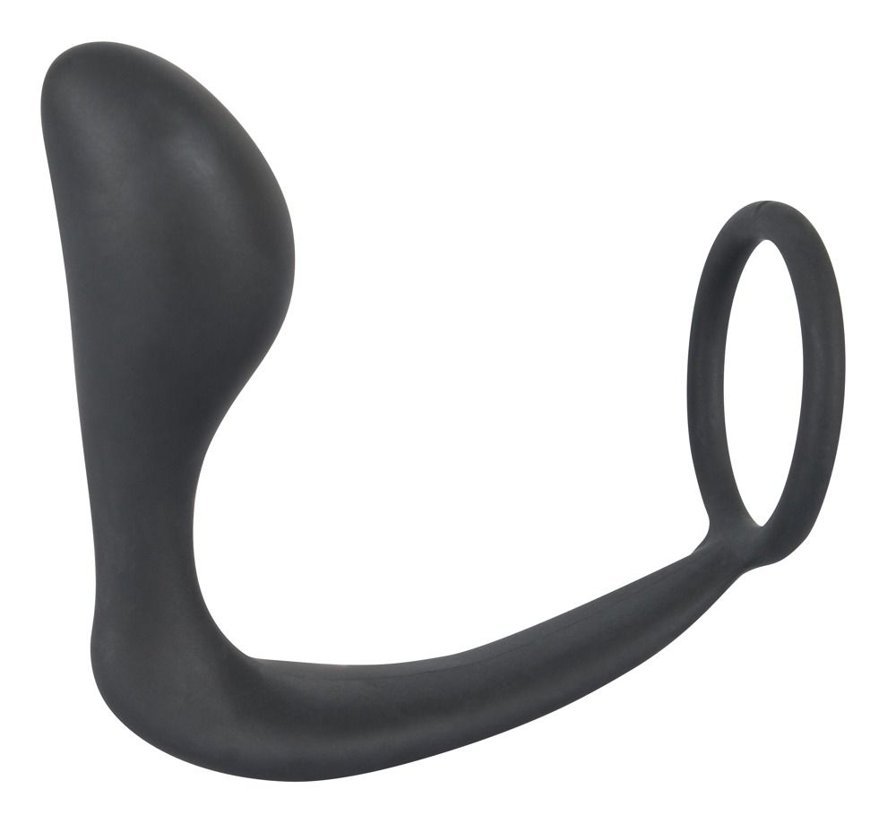 Anneau pénien noir avec plug en silicone.