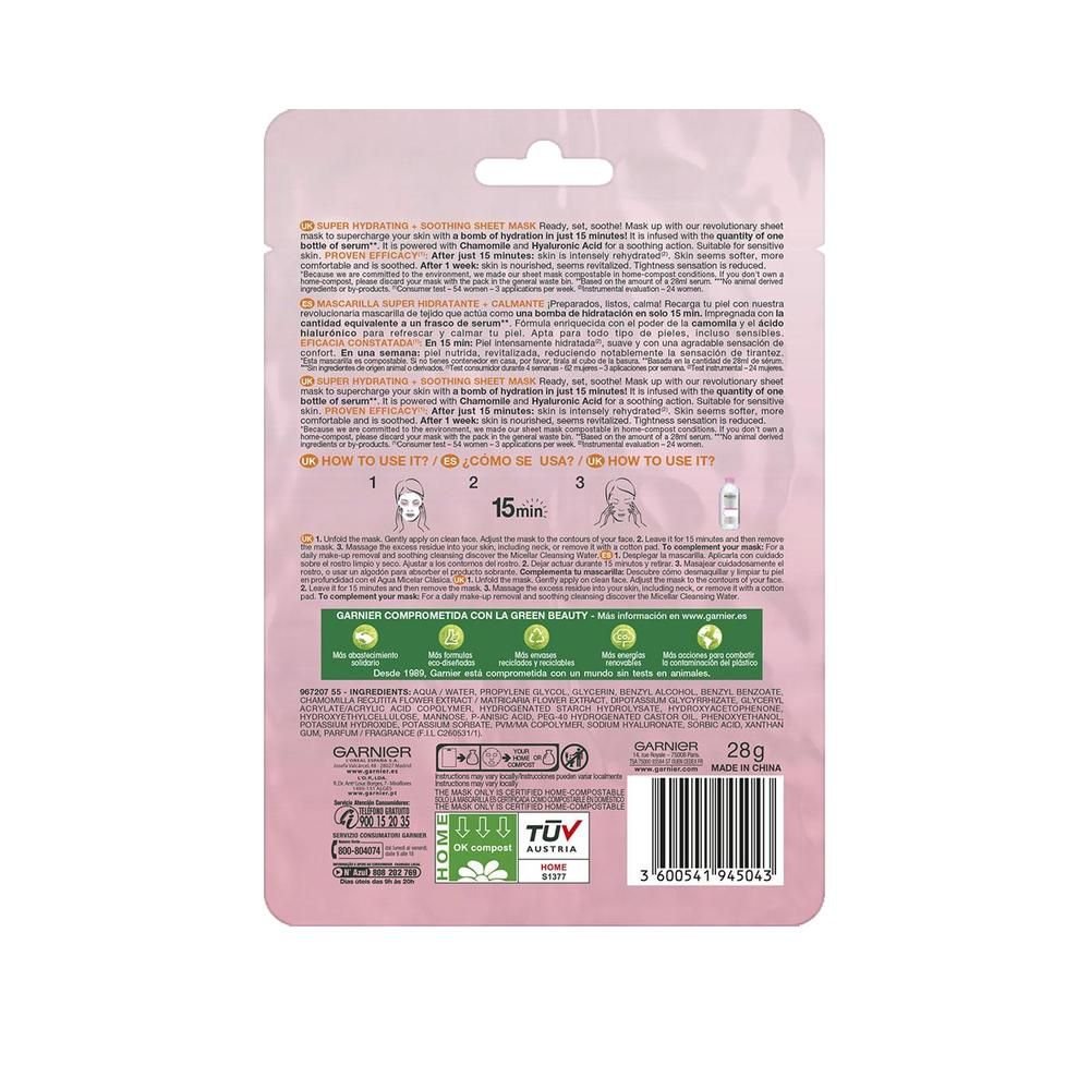 Achterkant van Garnier Skinactive Hydrabomb gezichtsmasker. Roze verpakking met productinformatie, ingrediënten en gebruiksaanwijzing.