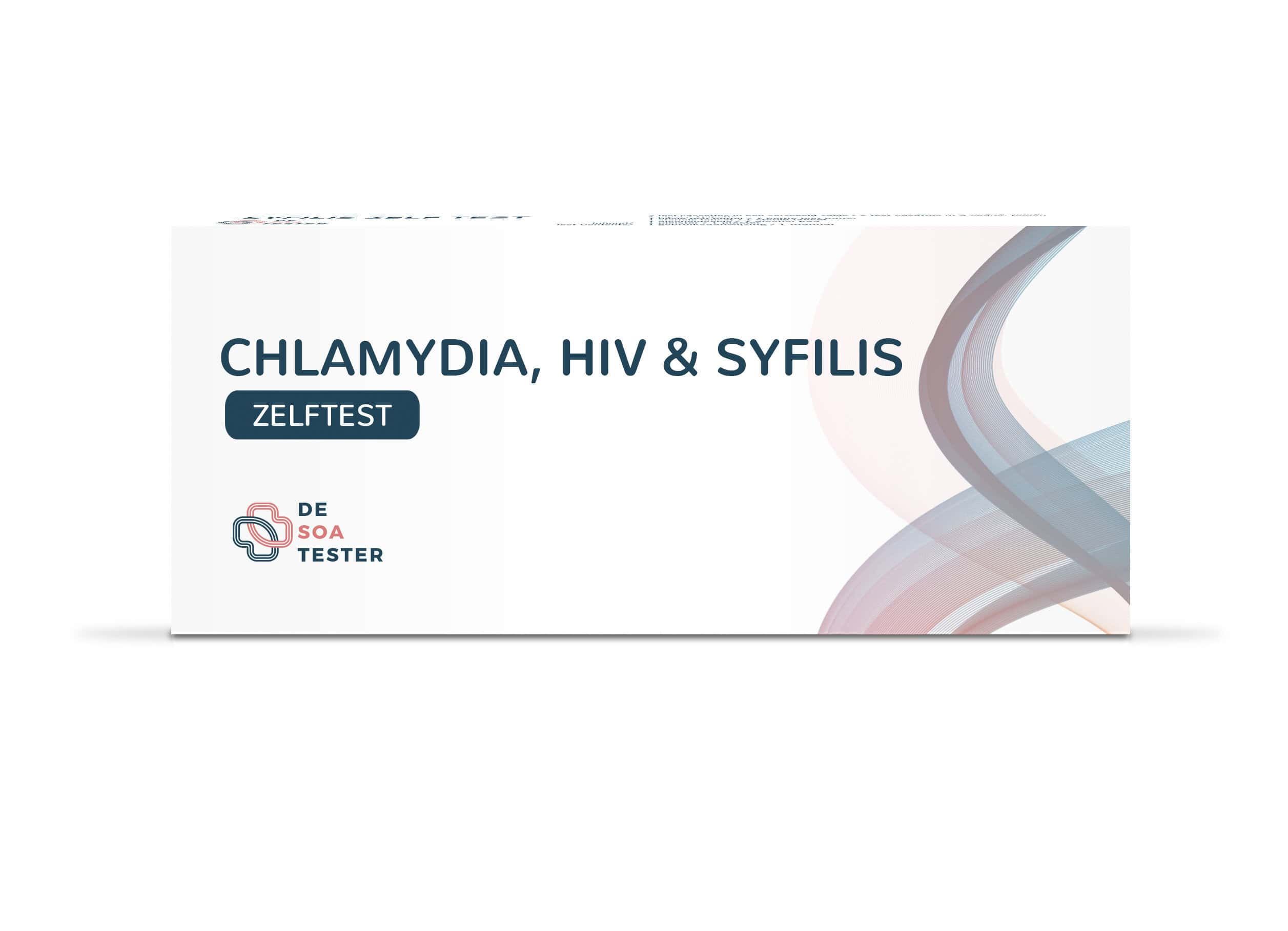 Witte doos met tekst "Chlamydia, HIV & Syfilis". Logo "De Soa Tester". Opschrift "ZelfTest".