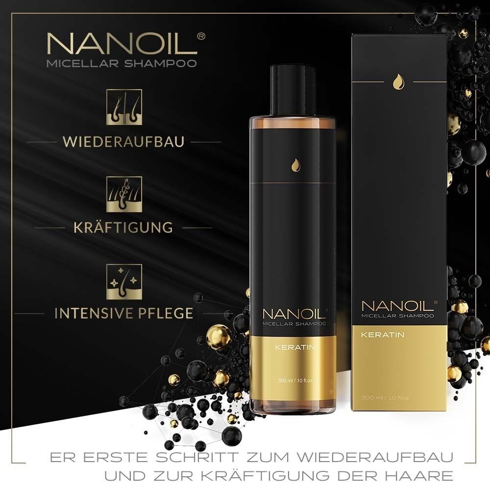 Nanoil micellair shampoo fles en doos, zwart en goud, met iconen voor herstel, versterking en intensieve verzorging.