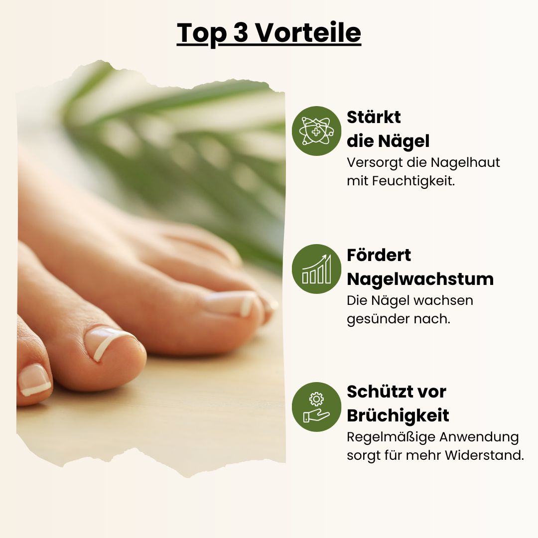 Graphique avec trois avantages : renforcement des ongles, stimulation de la croissance, protection contre la fragilité. Symboles à côté des textes.