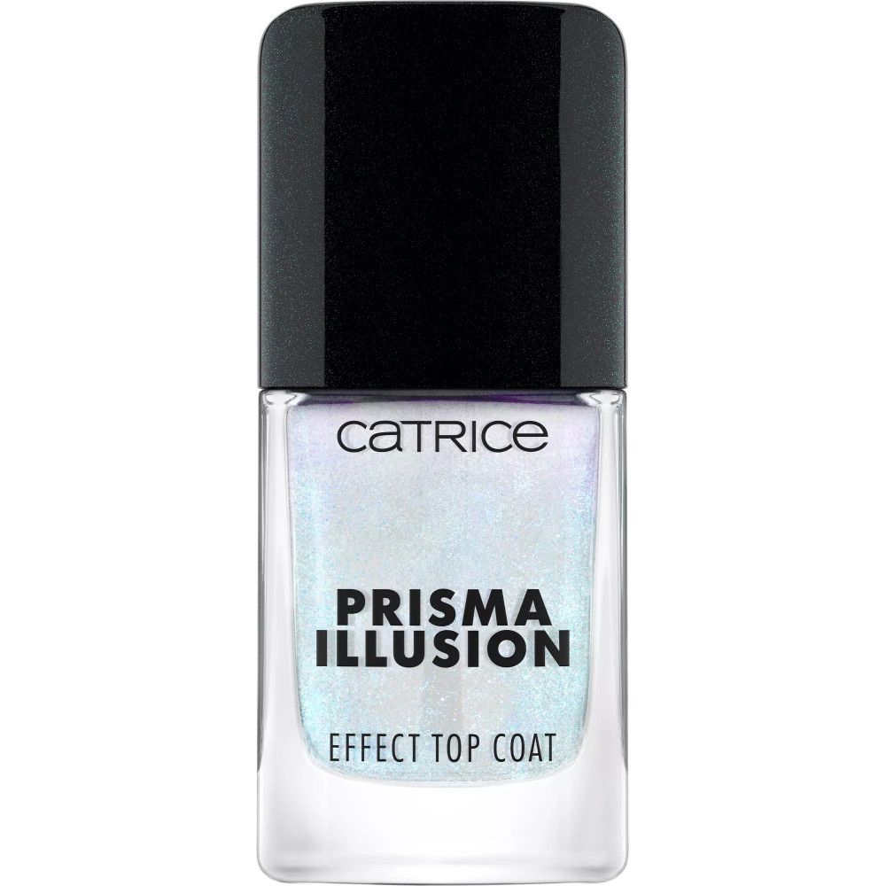 Catrice Prisma Illusion Effect Top Coat flesje. Zwarte dop. Transparante nagellak met glinsterende deeltjes.