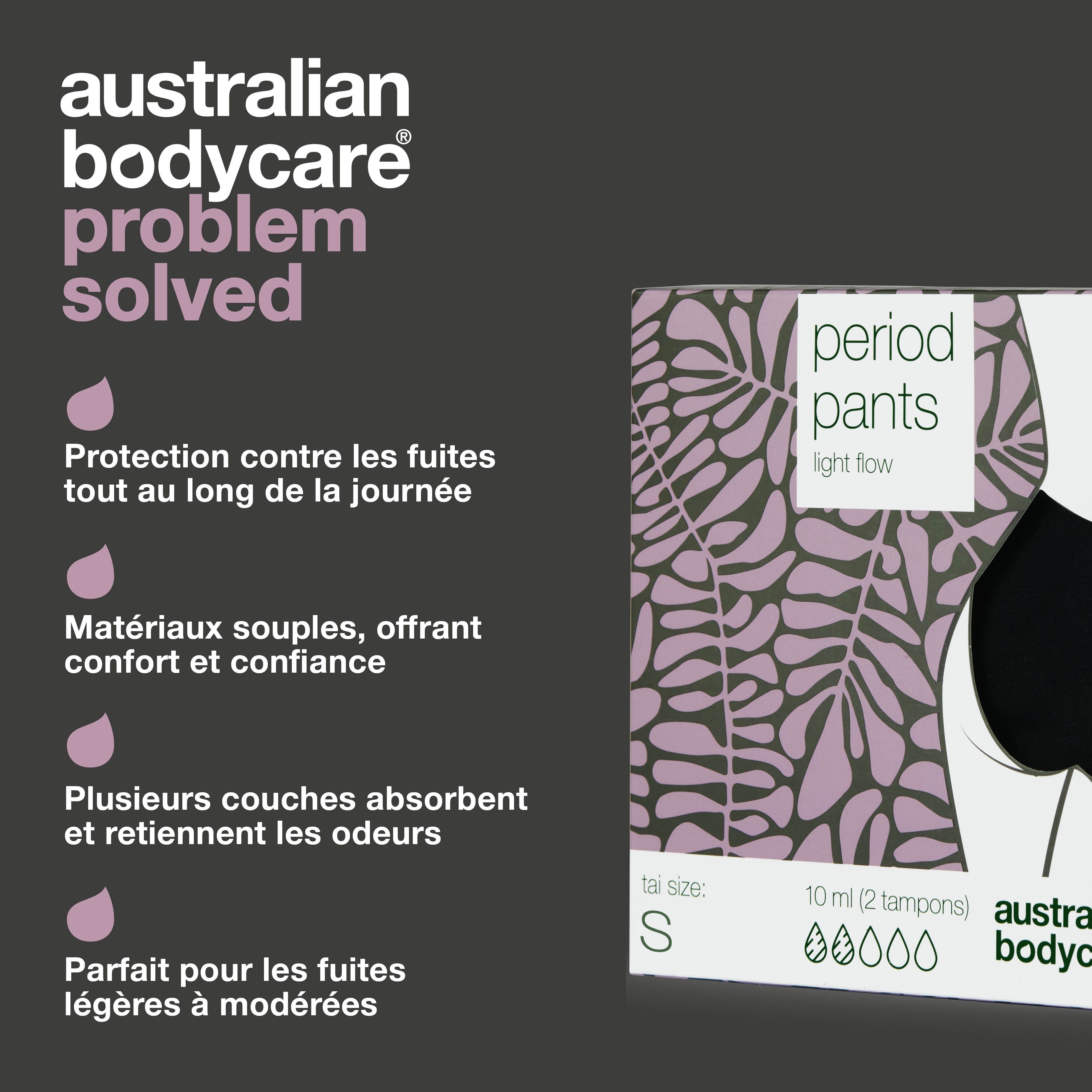 Emballage de culotte menstruelle. Marque : Australian Bodycare. Texte : protection, confort, contrôle des odeurs. Taille S. Inscription : Period Pants.