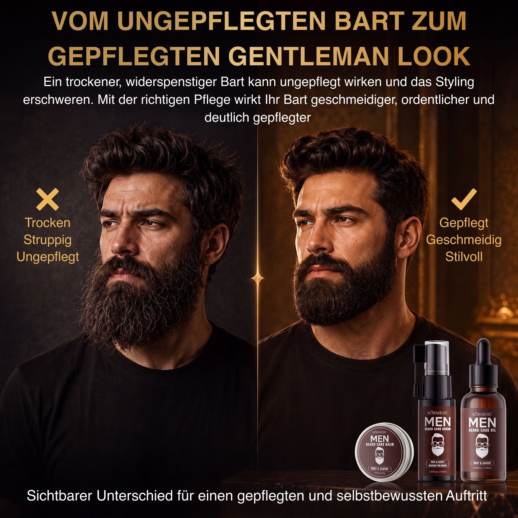 Deux hommes barbus. À gauche, une barbe négligée, à droite, une barbe soignée. Produits de soin pour barbe à côté.