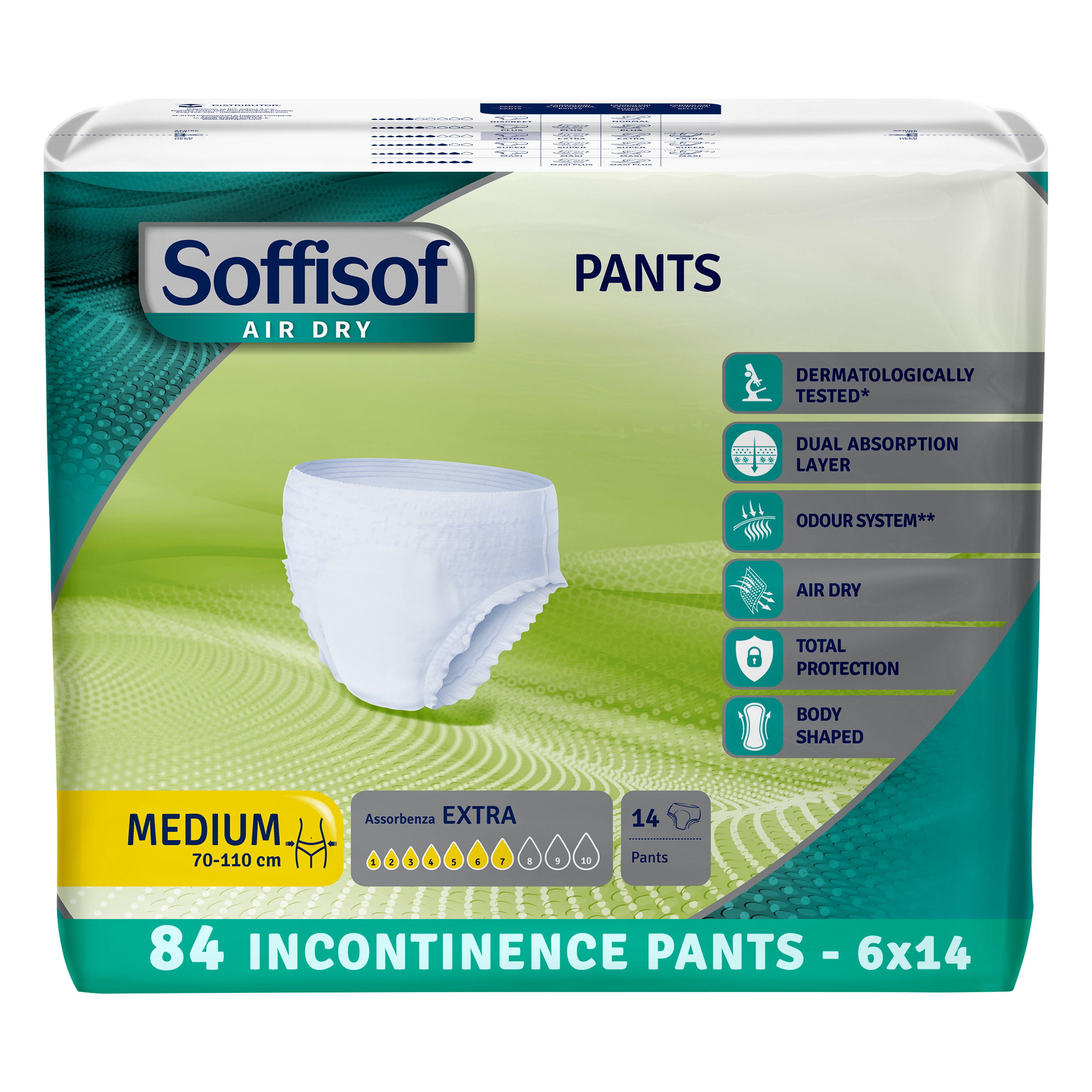 Verpakking Soffisof Pants. Medium, 70-110 cm. 14 Pants. Kenmerken: dermatologisch getest, dubbele absorptielaag.