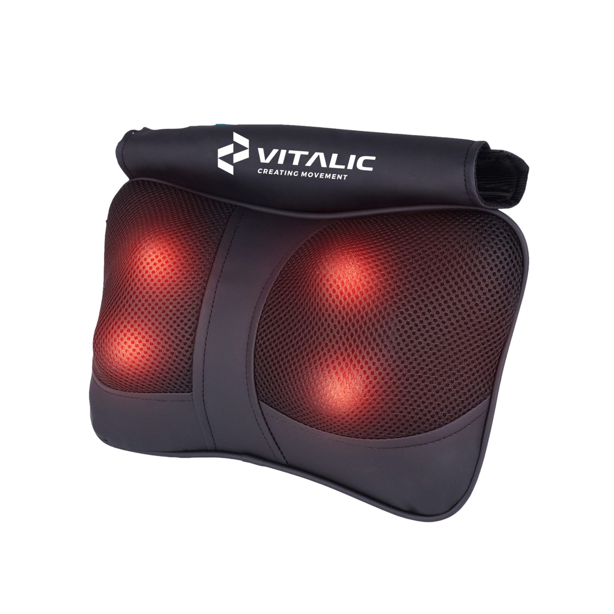 Zwart massagekussen met rode lampjes. Merk VITALIC. Mesh oppervlak met vier massagekoppen.