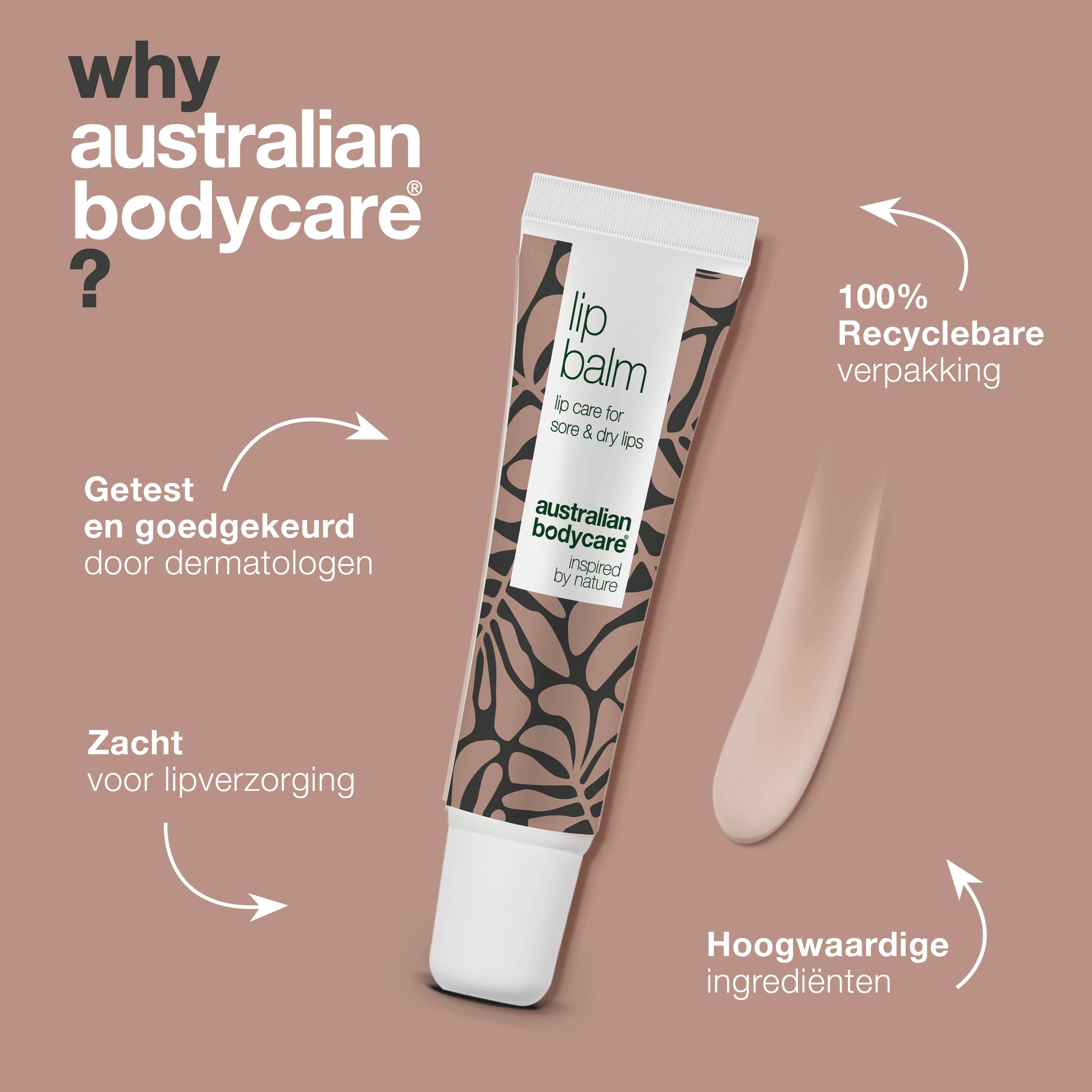 Lippenverzorgingsproduct. Tekst: Lip Balm, australian bodycare. Voordelen: dermatologisch getest, recyclebare verpakking.
