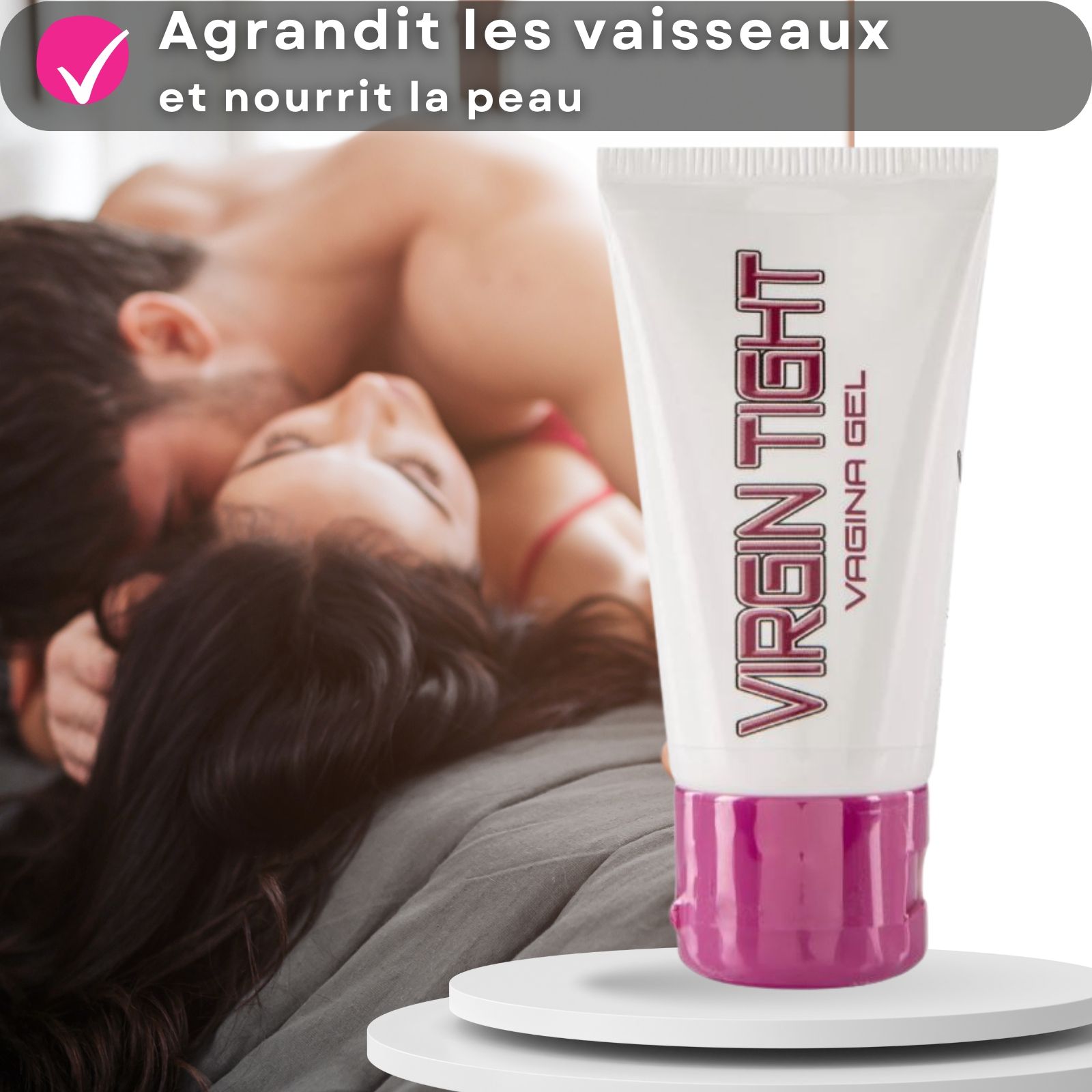 Tube blanc et rose VIRGIN TIGHT VAGINA GEL. Couple en arrière-plan. Produit sur socle.