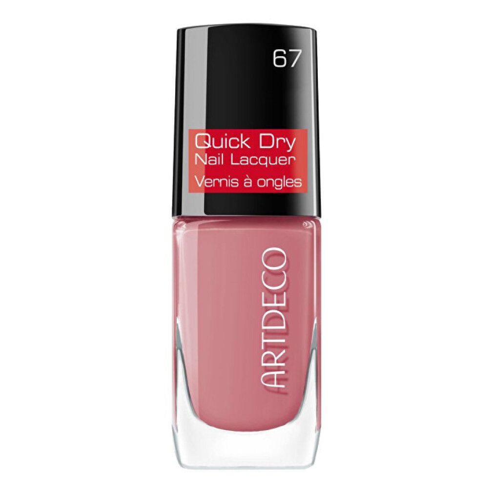 Roze nagellakfles, zwarte dop. Opschrift: Quick Dry Nail Lacquer, Artdeco. Kleurnummer 67.