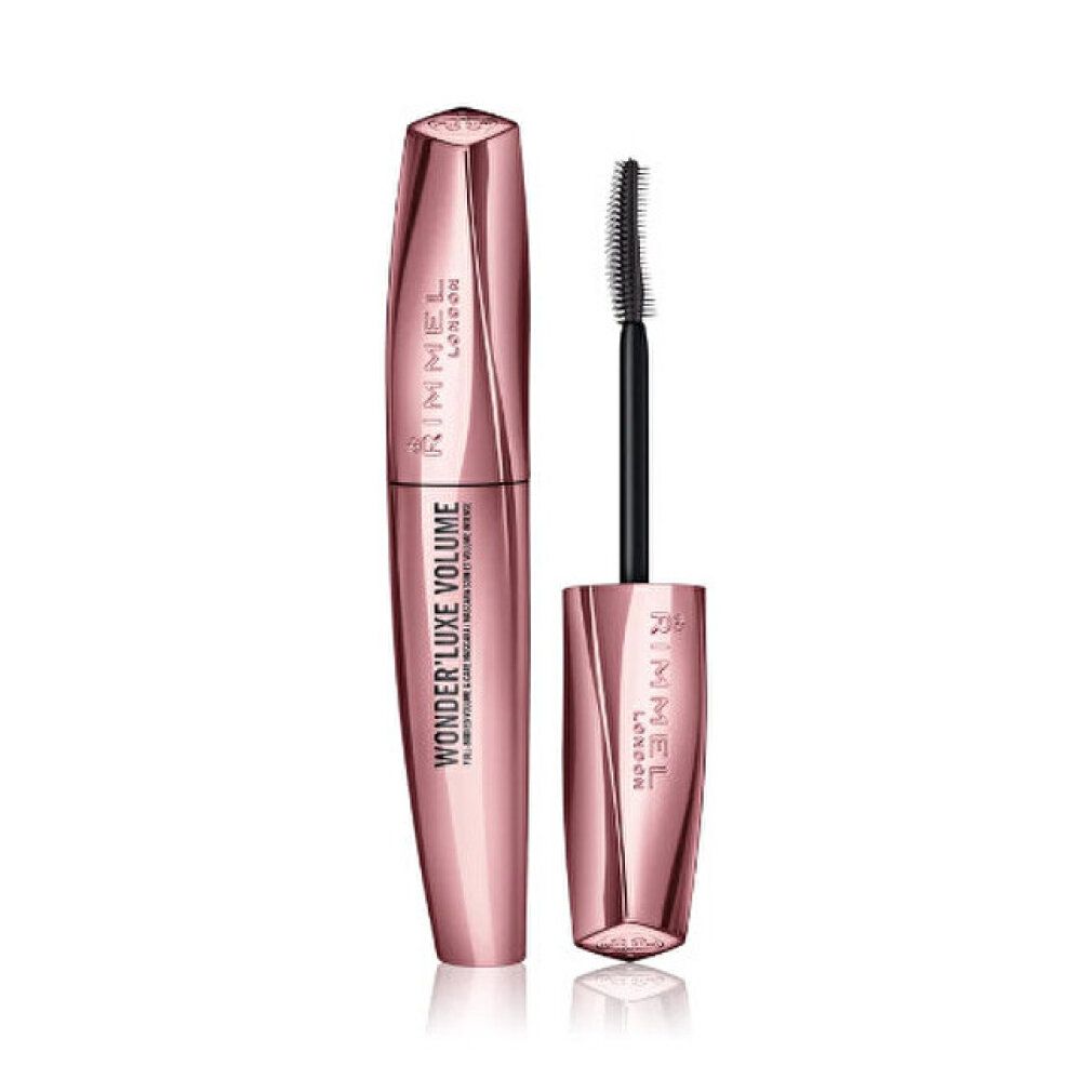 Tube de mascara ouvert. Brosse avec mascara. Nom du produit: Wonder'Luxe Volume. Marque: Rimmel London. Mascara noir.