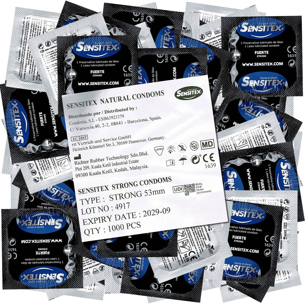 Meerdere Sensitex condoomverpakkingen. Opschriften: Fuerte, CE-markering, houdbaarheidsdatum 2029-09, hoeveelheid 1000.