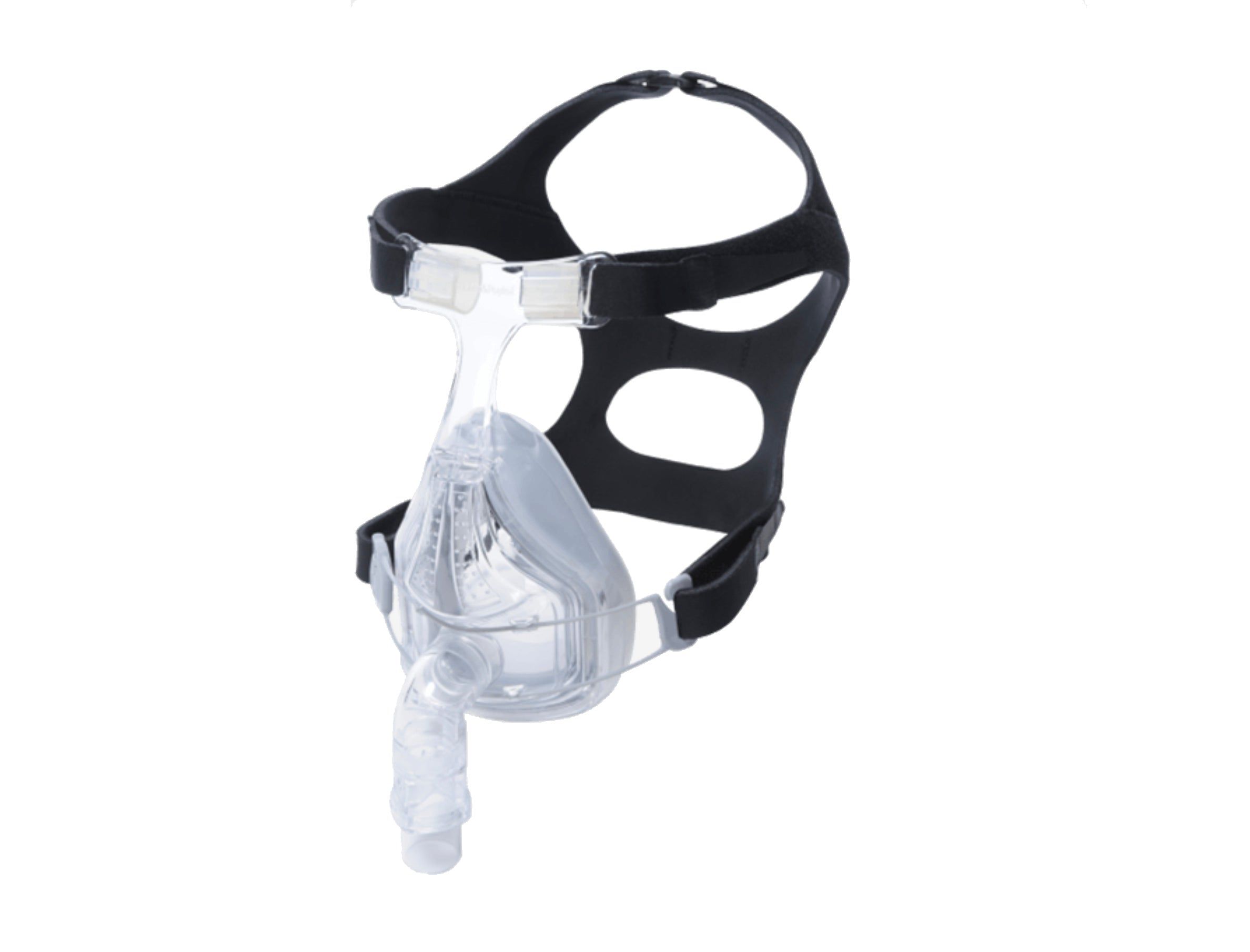 Masque facial complet Fisher & Paykel Forma™ pour la thérapie du sommeil par PPC. Fabriqué en plastique transparent, avec un harnais noir. Le design comprend un masque transparent et un harnais réglable.