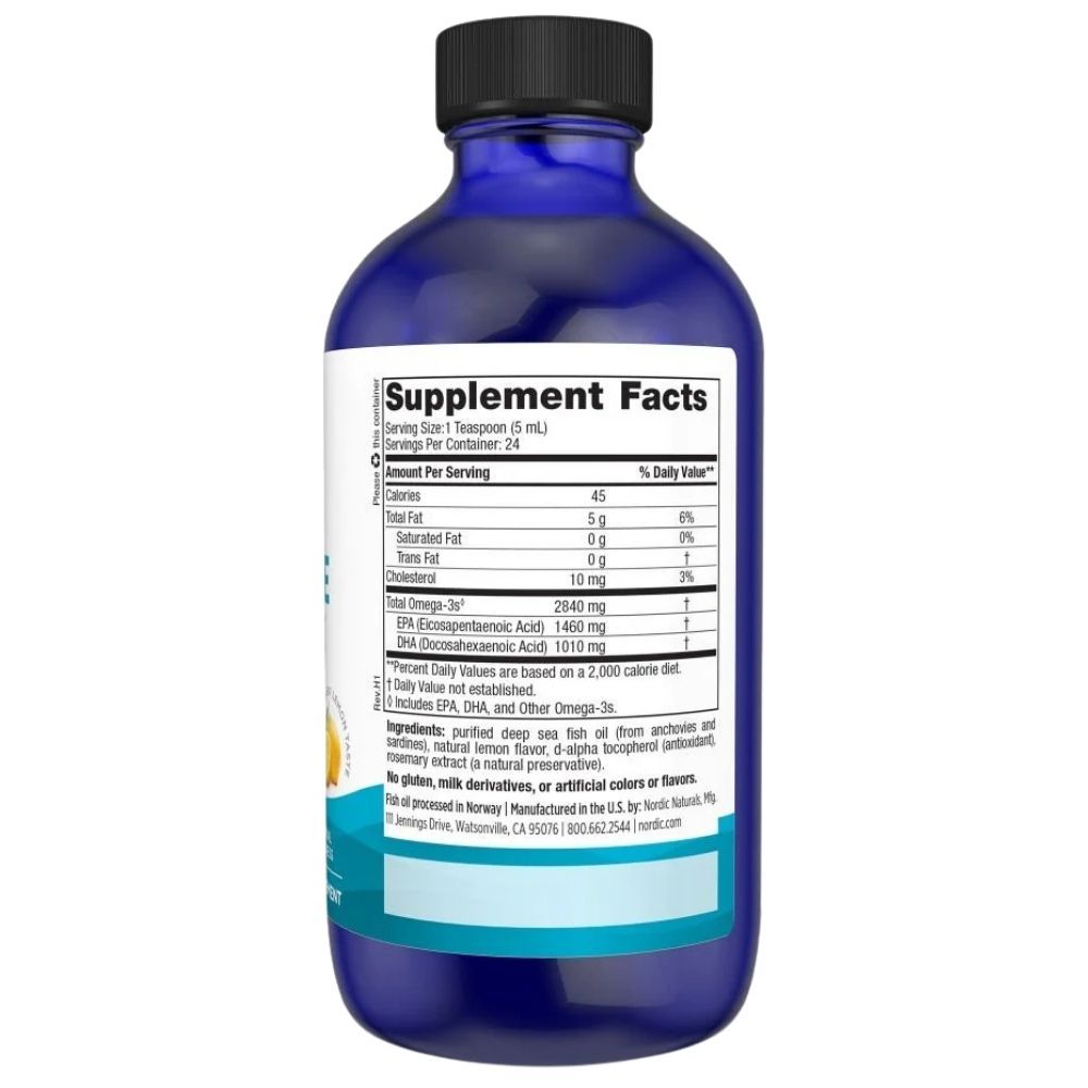 Étiquette "Supplement Facts" sur une bouteille bleue avec bouchon noir. Affiche les informations nutritionnelles et les ingrédients.