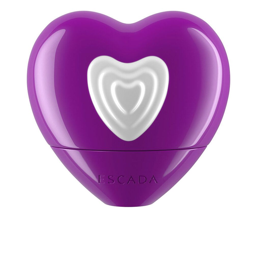 Paarse hartvormige flacon. Wit hartontwerp. Opschrift: Escada. Glanzend oppervlak.