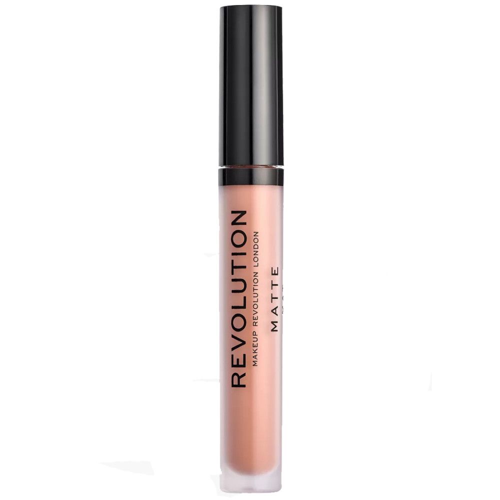 Tube de gloss avec bouchon noir. Inscription: Makeup Revolution London Matte. Teinte nude.