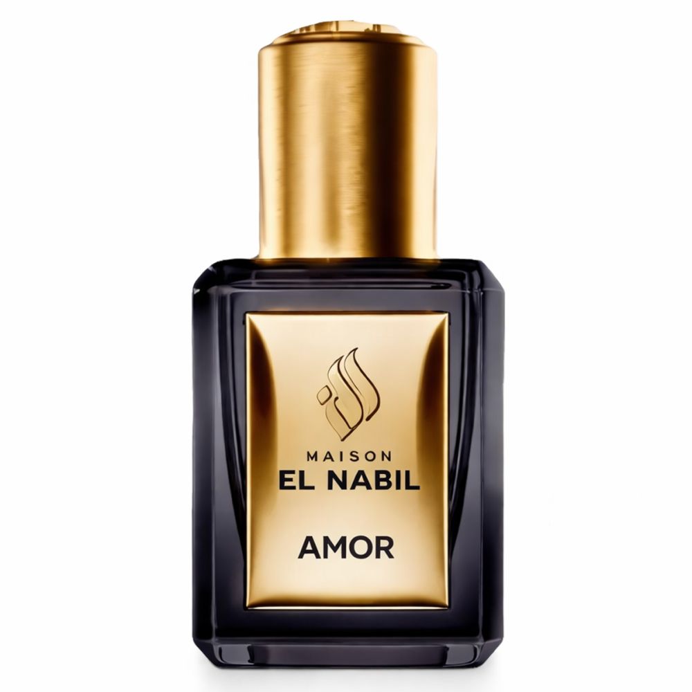 Flacon noir avec bouchon et étiquette dorés. Inscription: EL NABIL, AMOR. Forme carrée.
