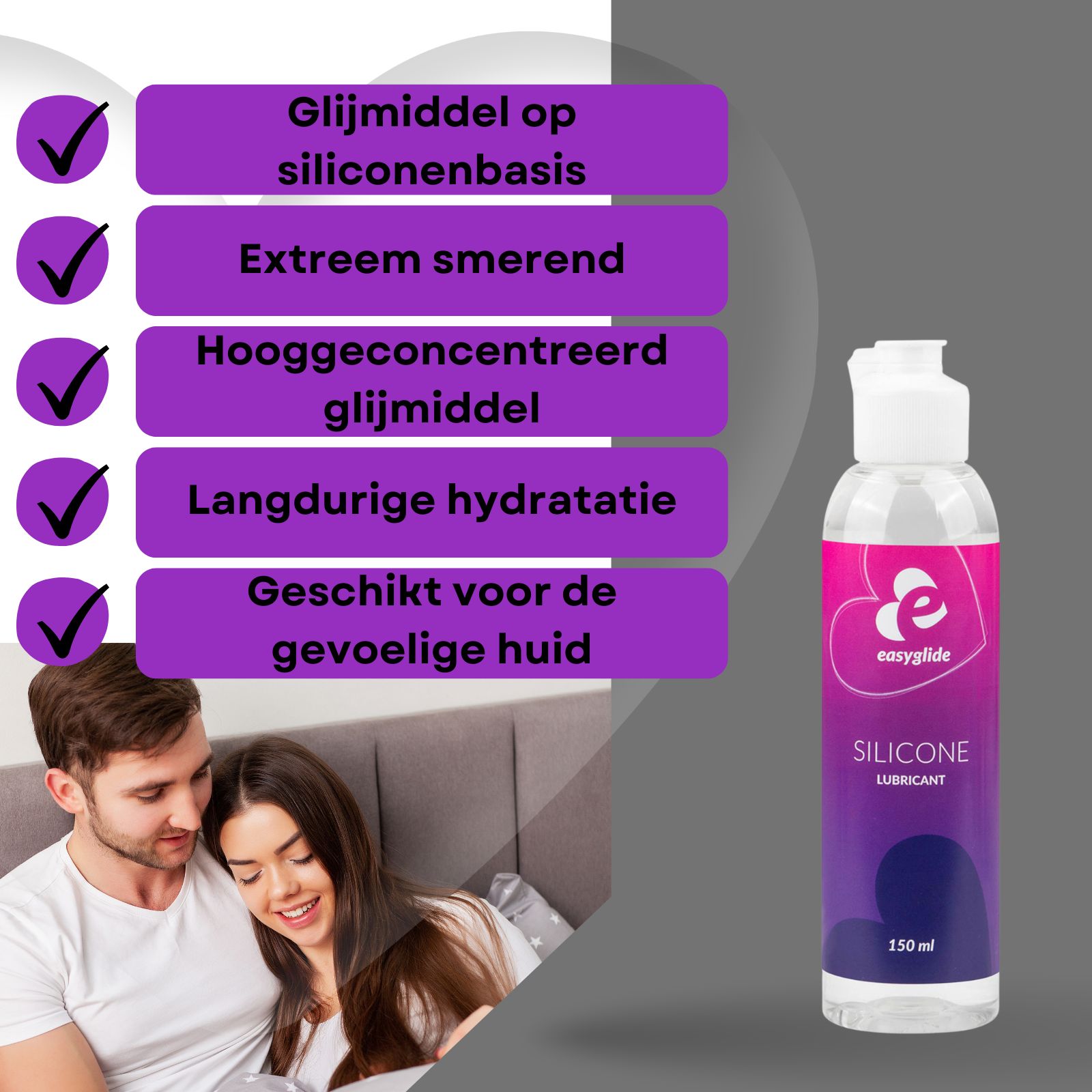 Fles siliconen glijmiddel. Roze-paars etiket met logo en tekst. Koppel in bed. Tekst: Op siliconenbasis.