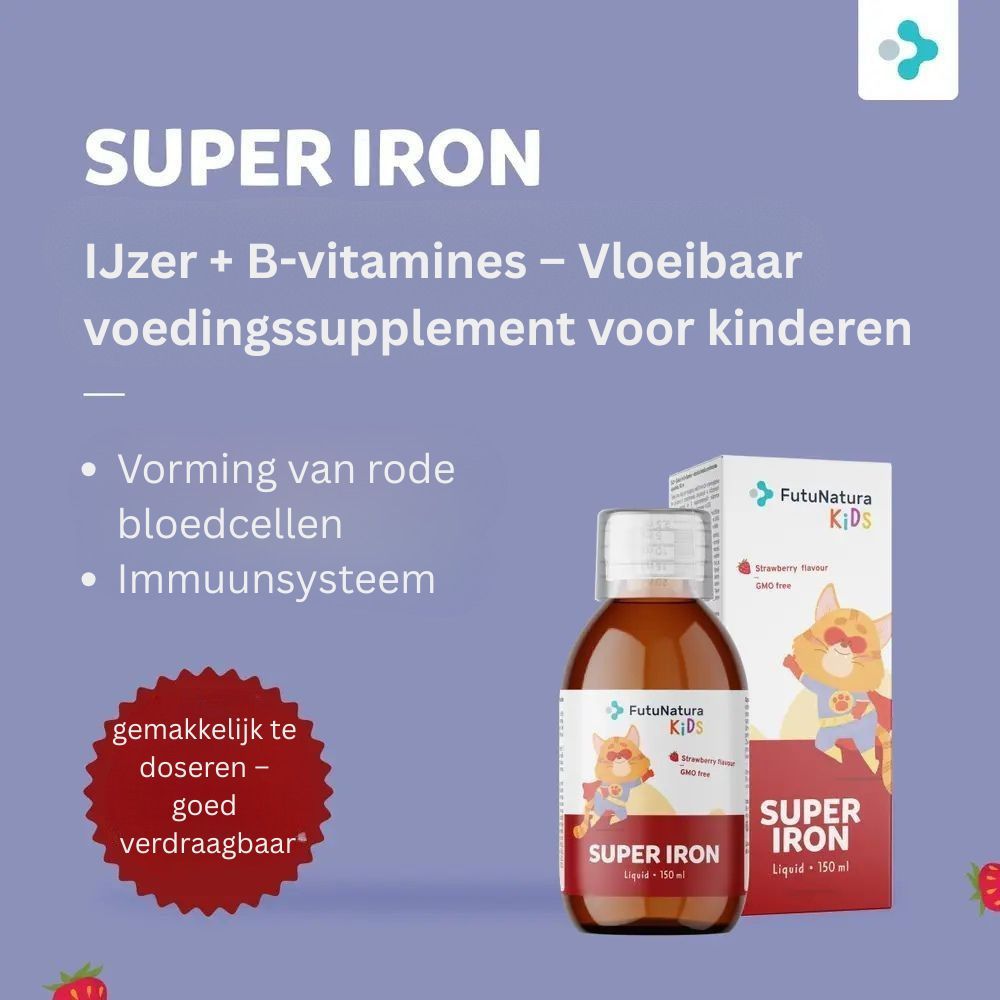Fles en verpakking FutuNatura Kids Super Iron. Vloeibaar voedingssupplement voor kinderen.