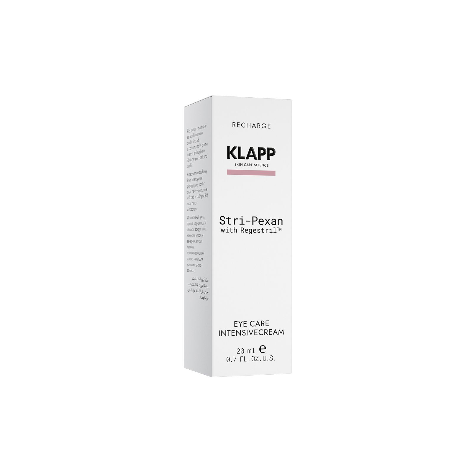 Witte verpakking Klapp Stri-Pexan Eye Care Intensivecream. Productnaam en merk duidelijk zichtbaar.