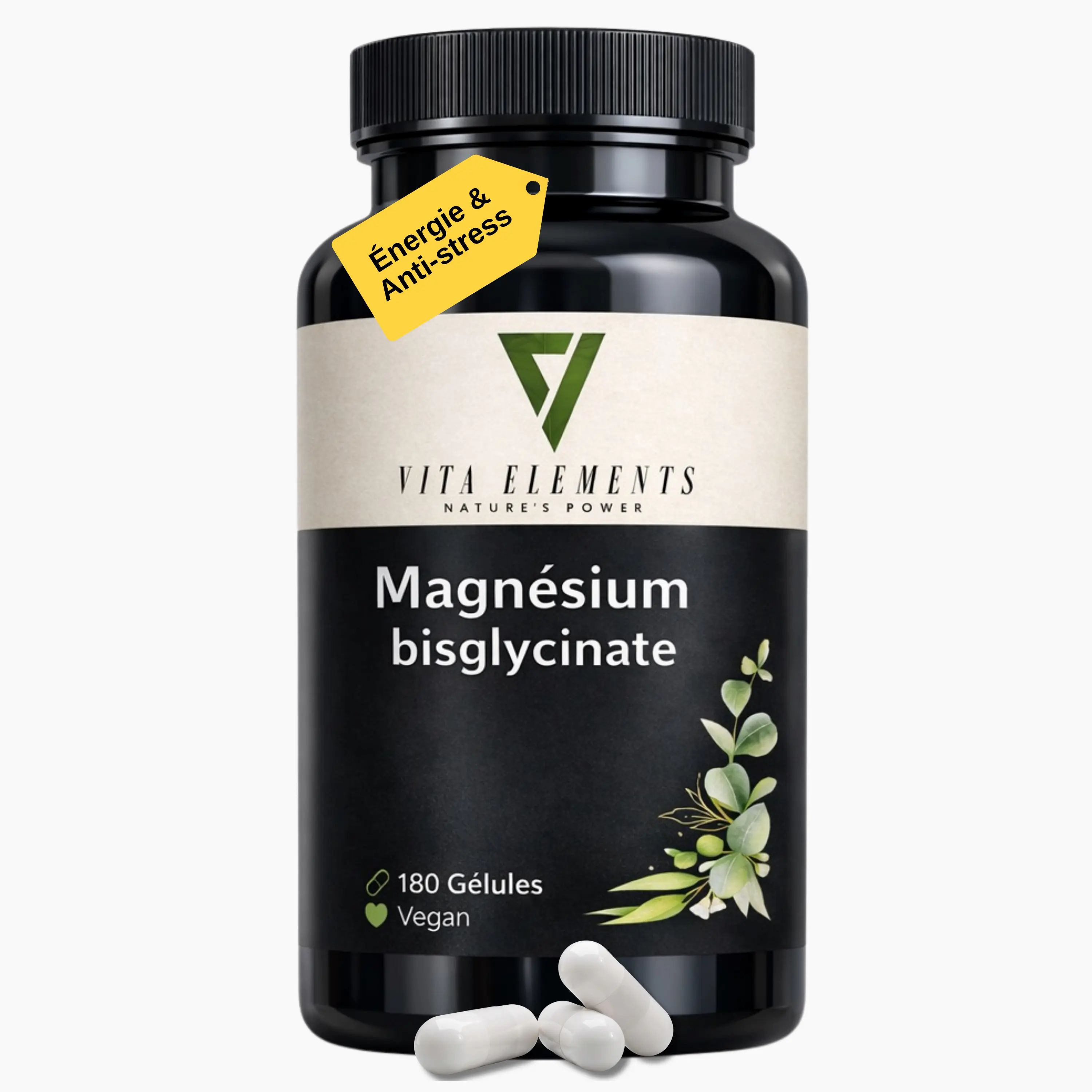 Flacon noir de gélules Vita Elements Magnésium bisglycinate, 180 unités, végan, avec étiquette jaune.