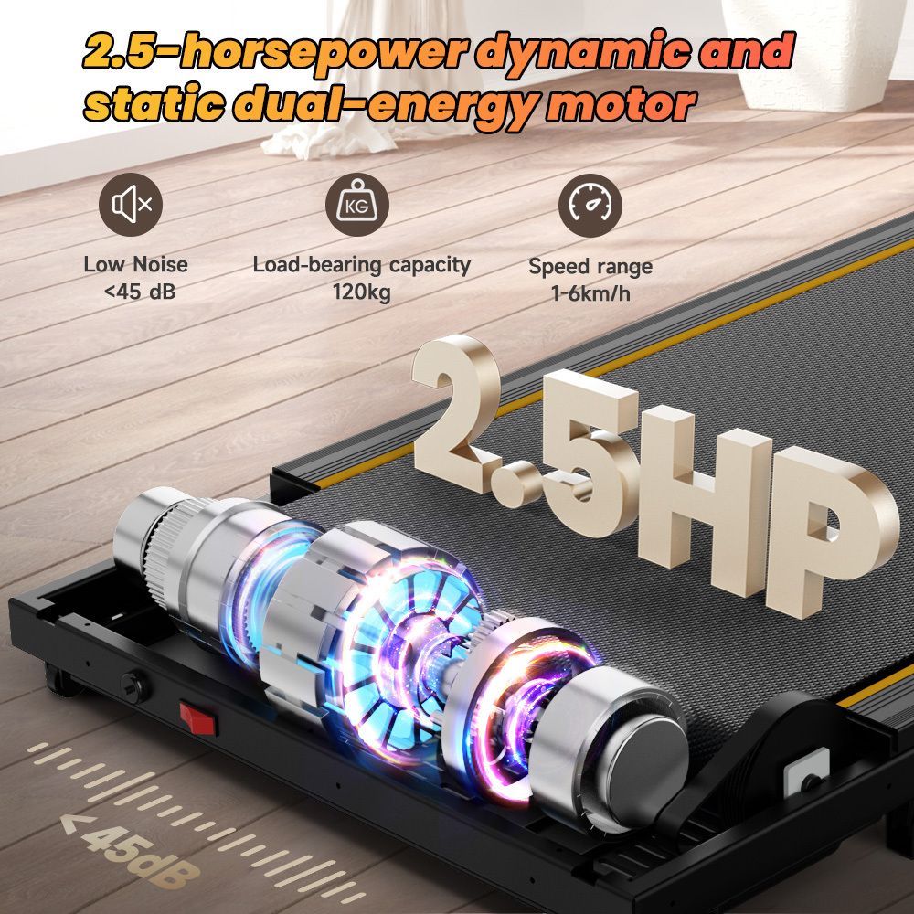 Loopband met zichtbare motor. Tekst: 2.5 PK motor, laag geluidsniveau, draagvermogen 120 kg, snelheidsbereik 1-6 km/u.