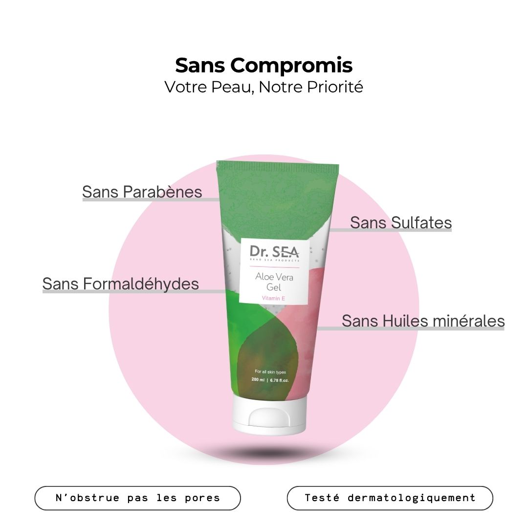 Tube de gel à l'aloe vera. Design vert et rose. Texte : Dr. SEA, Aloe Vera Gel, Vitamine E. Infographie : Sans additifs.